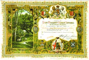Illuminated certificate of invitation to the opening of Epping Forest by Queen Victoria, Saturday 6th May, 1882
(Hazelle Jackson collection)